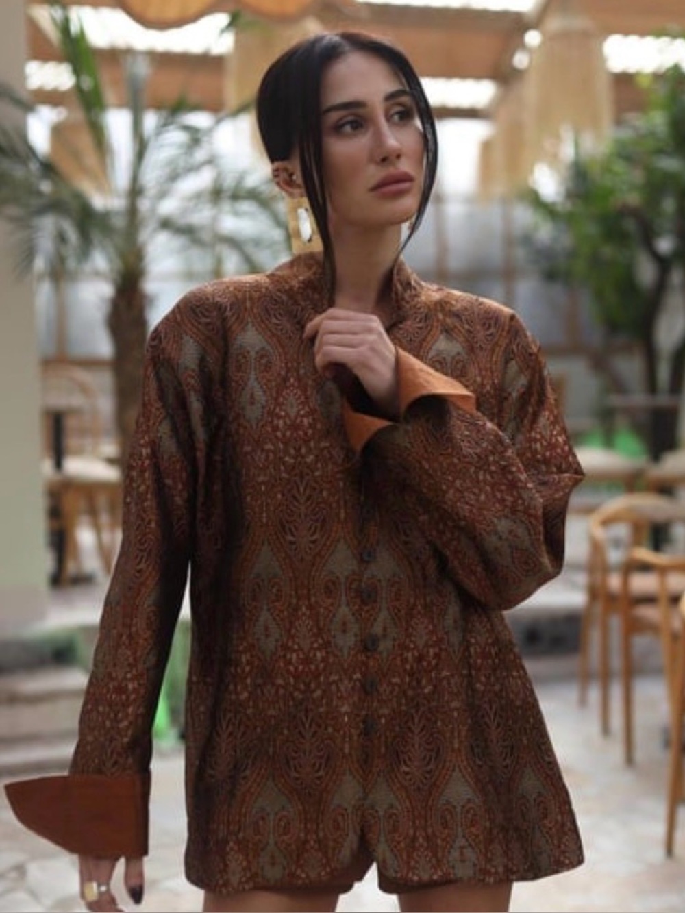 100% Silk Jacquard Boho Paisley-Tapestry Jacket Mandarin Collar Button-Front M